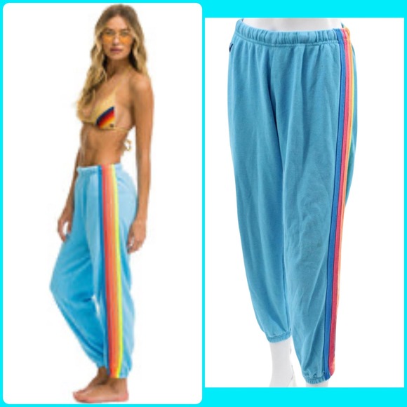 Aviator Nation Pants - Aviator Nation‎ 5 Stripe Sweatpants Sky Neon Rainbow Jogger Lounge Beach Medium